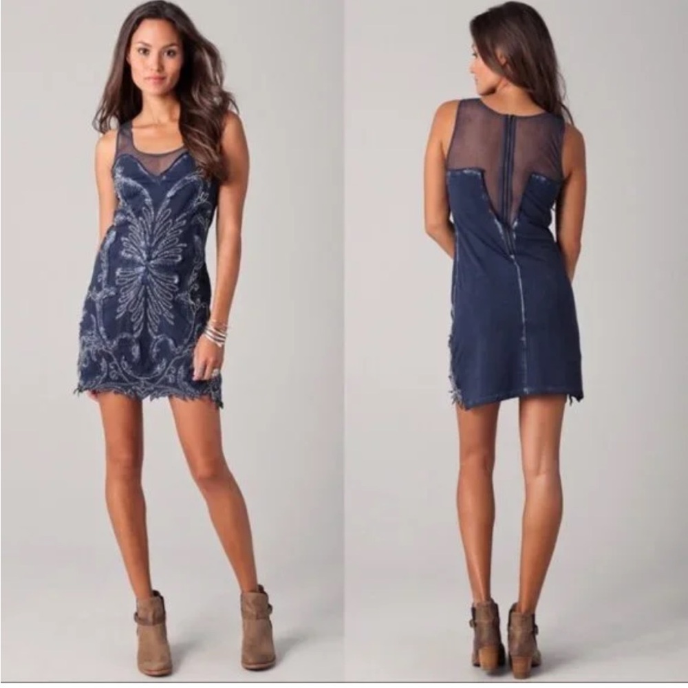 Free People Blue Embellished Beaded Mesh Back Sleeveless Mini Dress XS Party